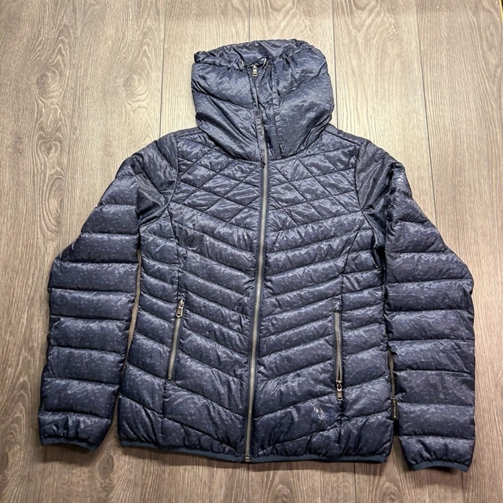Jack Wolfskin Womens Stormlock Down Puffer Jacket Medium Navy Blue Patterned